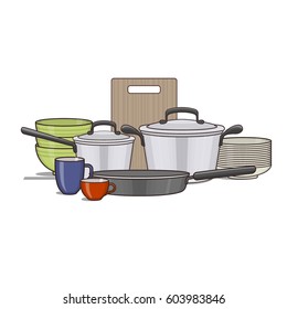 Vector illustration of kitchenware and utensil on table. Kitchen and food preparing topic. 