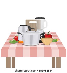 Vector illustration of kitchenware and utensil on table. Kitchen and food preparing topic. 