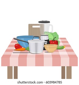 Vector illustration of kitchenware and utensil on table. Kitchen and food preparing topic. 