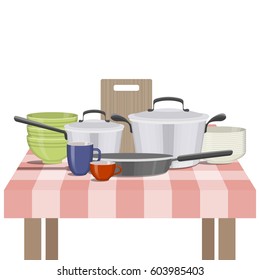 Vector illustration of kitchenware and utensil on table. Kitchen and food preparing topic. 
