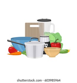 Vector illustration of kitchenware and utensil on table. Kitchen and food preparing topic. 