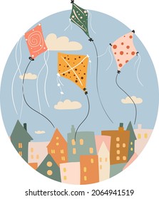 Vector illustration of kites flying over the city. Roofs of houses and colorful kites.