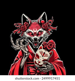 Vector illustration of a kitsune animal wearing a kimono on a black background.