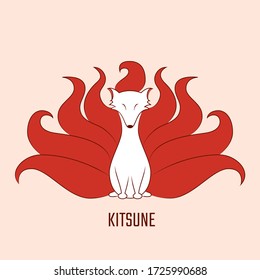 Vector illustration of kitsune nine tailed fox white with red tails.