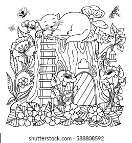 Vector illustration a kitten asleep on house from hemp. Work done by hand. Book Coloring anti-stress for adults and children. Black and white.