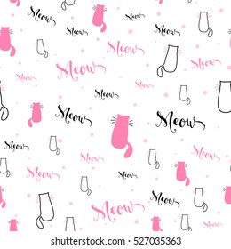 Vector illustration of kitten calligraphy sign, sitting cat endless pattern. Cute cat wallpaper with lettering, mustache, cat silhouette and sound meow. Funny sketchpad seamless background design