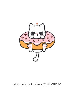 Сute vector illustration of a kitten in a donut. Can be used as a print for baby clothes, a poster, a sticker or whatever you like!