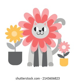 Vector illustration with a kitten in flowers. The cat is hiding in the flowers, the cat is listening. Cute gray cat is hiding