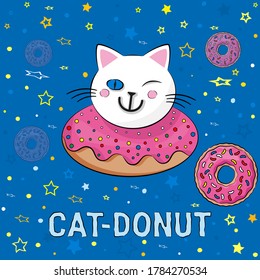 Ilustración vectorial con gatito. Fundido fondo azul con gato y donut
