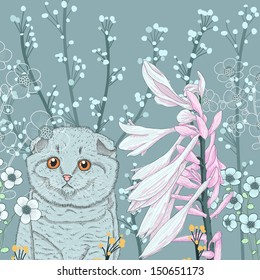 Vector illustration of a kitten in the garden and blooming flowers