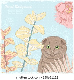 Vector illustration of a kitten in the garden and different plants