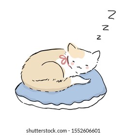 Vector illustration of a kitten lying on a pillow, сute kawaii image for your design.