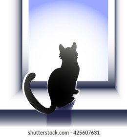 vector illustration with a kitten on a window sill