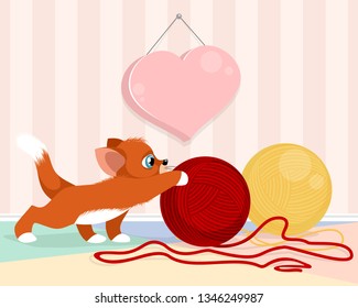 Vector illustration of kitten playing with balls of yarn