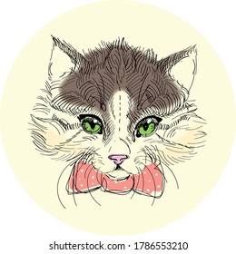 vector illustration of a kitten with a red bow, a linear portrait of the muzzle of a fluffy cat on a yellow background