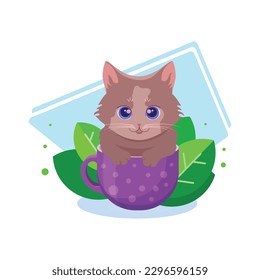Vector illustration with a kitten sitting in a mug. Cute little kitten. Cartoon kitten in a mug.