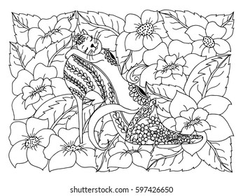 Vector illustration kitten sleeping in a woman's shoe among the flowers. The work is done manually. Coloring books antistress for adults and children. Black and white.