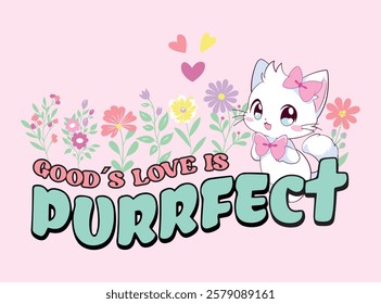 Vector illustration. Kitten surrounded by colorful flowers. Lovely T-shirt printing, Celebration templates, ads, branding, banner, cover, label, poster, sales