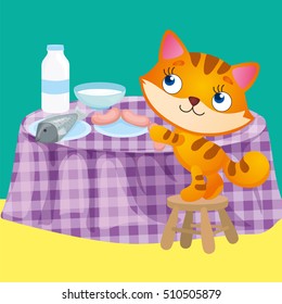 Vector illustration of kitten takes sausage from the table