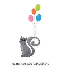 Ilustración vectorial de gatito con globos sobre fondo blanco. Símbolo de cumpleaños y celebración.
