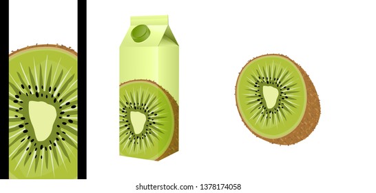 Vector illustration of a kiwi cut in half, framed in close-up to decorate a fruit juice packaging.