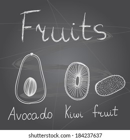 Vector illustration with kiwi fruit and avocado on chalkboard