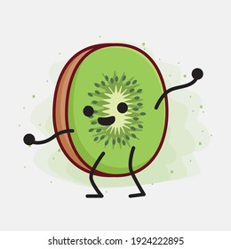 Ilustración vectorial de Kiwi Fruit Character con cara linda, manos simples y líneas de piernas en fondo aislado. Estilo de dibujo animado plano.