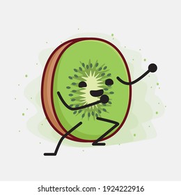 Ilustración vectorial de Kiwi Fruit Character con cara linda, manos simples y líneas de piernas en fondo aislado. Estilo de dibujo animado plano.