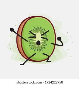 Vector Illustration of Kiwi Fruit Character with cute face, simple hands and leg line art on Isolated Background. Flat cartoon doodle style.
