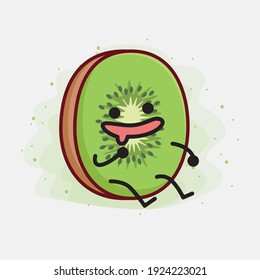 Ilustración vectorial de Kiwi Fruit Character con cara linda, manos simples y líneas de piernas en fondo aislado. Estilo de dibujo animado plano.