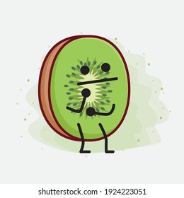 Vector Illustration of Kiwi Fruit Character with cute face, simple hands and leg line art on Isolated Background. Flat cartoon doodle style.