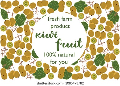 vector illustration of kiwi fruit and leaf design with lettering kiwi fruit background white and fruit and text fresh farm product 100% natural EPS10