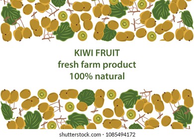 vector illustration of kiwi fruit and leaf design background white and fruit and text fresh farm product 100% natural EPS10