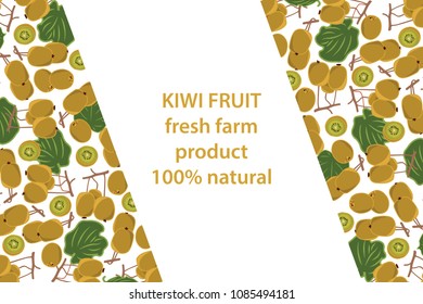 vector illustration of kiwi fruit and leaf design background white and fruit and text fresh farm product 100% natural EPS10