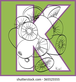 Vector illustration of kiwi inside of letter K. Limited colors graphic. Hand drawing.