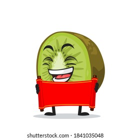vector illustration of kiwi mascot or character holding blank red scroll