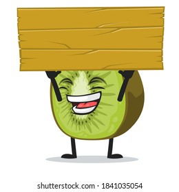 vector illustration of kiwi mascot or character holding blank wooden