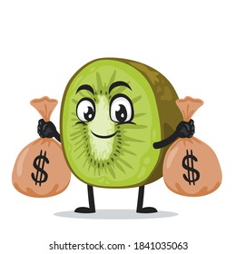 vector illustration of kiwi mascot or character holding sacks of money