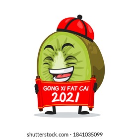 vector illustration of kiwi mascot or character holding red scroll and says happy chinese new year 2021