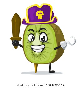 vector illustration of kiwi mascot or character wearing pirates costume and holding wooden sword