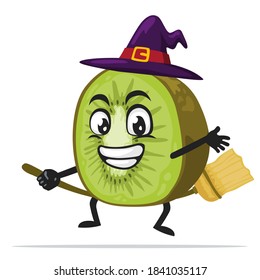 vector illustration of kiwi mascot or character wearing witch costume and ride flying broom