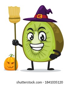 vector illustration of kiwi mascot or character wearing witch costume and holding broom