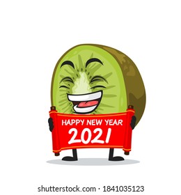 vector illustration of kiwi mascot or character holding red scroll and say happy new year
