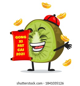 vector illustration of kiwi mascot or character holding red scroll and says happy chinese new year 2021