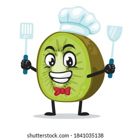 vector illustration of kiwi mascot or character wearing chef hat and holding spatula