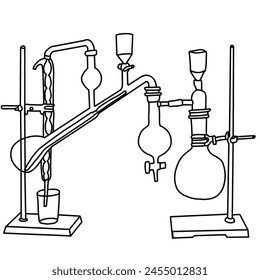 Vector illustration kjeldahl distillation assembly hand drawn sketch laboratory tools line art, side view, isolated on white background, For kids coloring book  or science illustration.