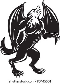 vector Illustration of a Kludde, a mythical Belgian beast that is a large black dog, with bat like wings and walks upright on it?s hind legs facing side done in black and white  isolated background.