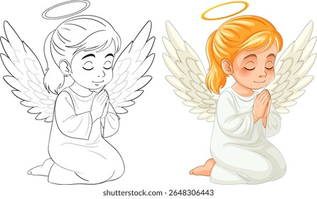 Vector illustration of a kneeling angel with a halo and wings, featuring vibrant colors and detailed linework