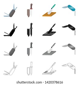 Vector illustration of knife and cut logo. Collection of knife and flat stock symbol for web.