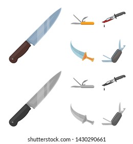 Vector illustration of knife and cut sign. Set of knife and flat stock symbol for web.